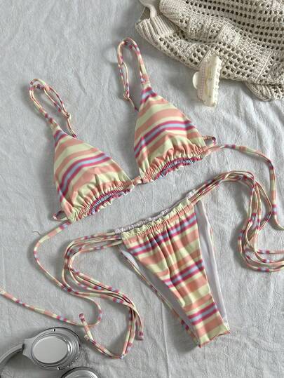 Women's Swimsuit,Vacation Bikinis, Pink Grachic Stripe Casual Summer Beach Outfits For Woman Going Out Outfit Music Festival Gym Outfit Vacation SS26 Summer/Club/Off Vacation Beachwear Swimwear