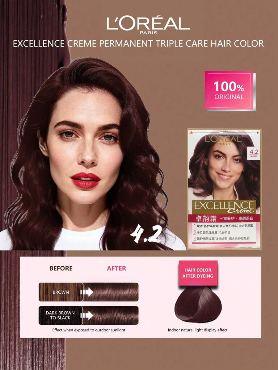 L'Oreal 巴黎卓韵霜持久染发霜,4.2盎司,三重护理,丝滑质地,顺滑上色,滋养修护,持久显色,秀发修复,172毫升/5.82液量盎司 - 4 .2 - 查看 1