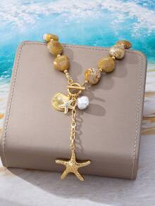1pc Acrylic Bead Chain Necklace With Shell & Starfish Pendants, Ocean Vacation Style Suitable For Women's Daily And Beach Outfit, Summer - Multicolor - View 3