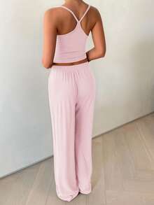 GAOVOT 女士性感休闲深V领吊带背心和宽松直筒裤两件套，秋季 - 粉色 - 查看 2