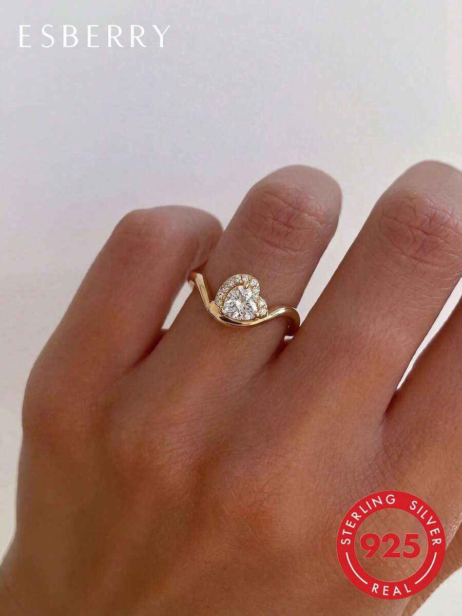 1pc 925 Sterling Silver Vintage Zirconia Heart Shaped Ring, Fashionable & Elegant Jewelry, Birthday Gift For Women - Heart Wave Ring - White Zirconium - View 1