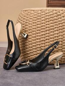 7cm Chunky Heel Backless Sandals, French Retro Black Shoes, Elegant Commuting & Petite Party Wear - Graphite Black - View 6