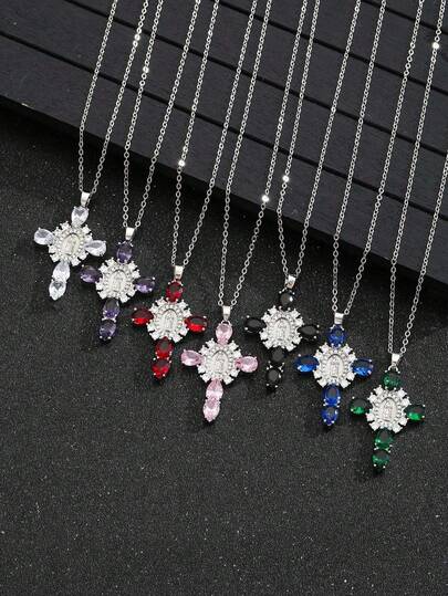 1 chiếc vòng cổ mặt dây chuyền hình oval đính đá Cubic Zirconia sáng bóng tinh tế hình Đức Mẹ Maria và Thánh giá dành cho bé gái, thích hợp cho các bữa tiệc, liên hoan, dạo phố hoặc sử dụng hàng ngày.