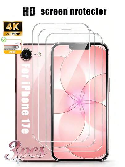 3 piezas Protector de pantalla de alta definición y alta transparencia, compatible con iPhone 17e/17 Pro Max/17 Pro/17 Air/17/16e/16 Pro Max/16 Pro/16 Plus/16/15 Pro Max/15/14/13/12 y otros modelos, calidad de imagen 4K Ultra HD, 99% de transmitancia de luz, restauración de color verdadero, fácil instalación sin burbujas, compatible con fundas de teléfono, bordes curvos 2.5D tacto suave, dureza de vidrio 9H, anti-caída anti-arañazos, material de revestimiento avanzado, resistente al agua, anti-huellas dactilares, accesorio esencial para todos los escenarios