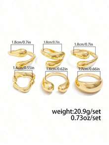 6枚复古极简合金熔岩泪滴开口戒指套装，不对称厚金属金色戒指，适合女性日常通勤，是生日、节日和派对的完美礼物。适合日常佩戴和节日庆典，四季皆宜，是理想的节日配饰。[请勿用力弯折，以免断裂，尺寸已标记] - 金色 - 查看 4