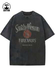 2026 New Everyday Firearms Graphic Distressed Tee,Washed Cotton Round Neck,Men Daily Street Casual Short Sleeve Summer Top - 黑色 - 查看 1