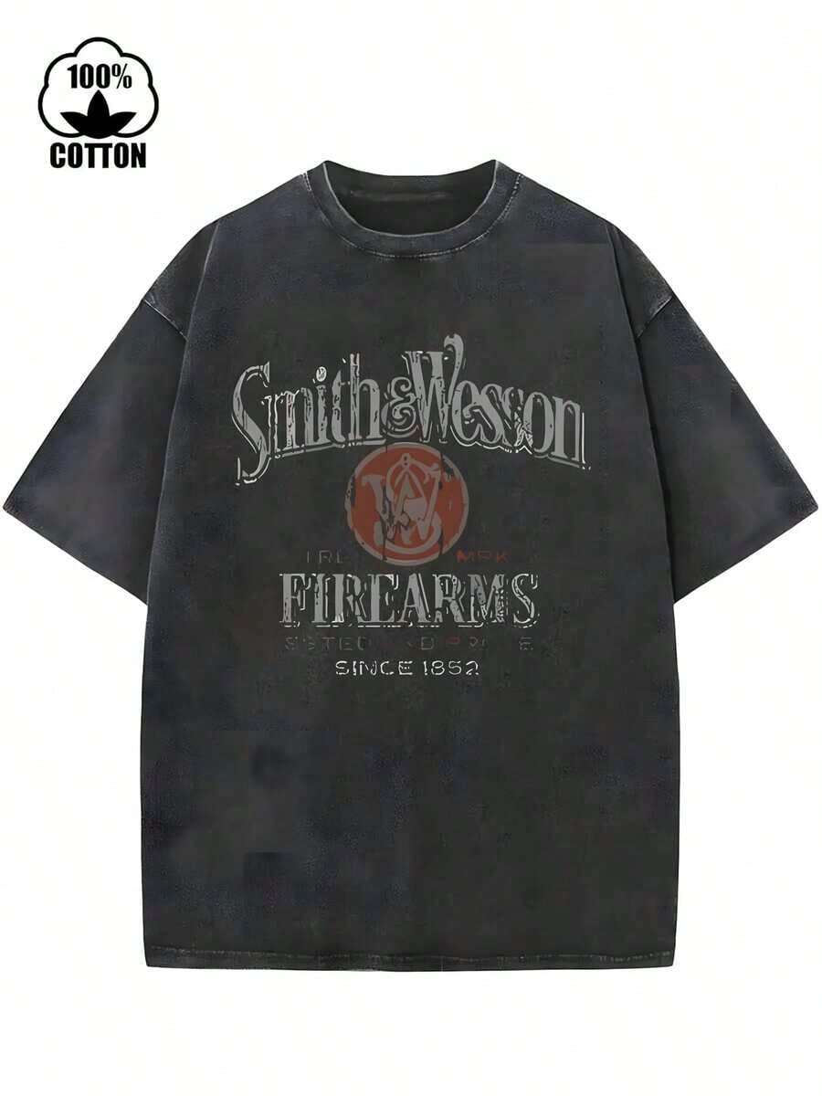 2026 New Everyday Firearms Graphic Distressed Tee,Washed Cotton Round Neck,Men Daily Street Casual Short Sleeve Summer Top - 黑色 - 查看 1