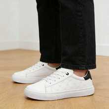 Men's Black & White Leather Sneakers, Soft, Breathable, Durable, Lace-Up Low-Top Embossed Pattern Design, Casual Streetwear Vacation Shoes For Spring & Autumn - White - View 5