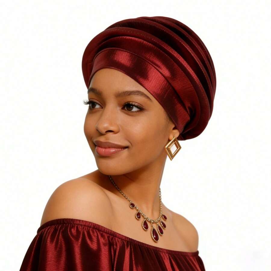 Shimmer African Head Wraps Solid Color Multi-Layer Church Turban For Women Stretch Hat - Claret - View 1