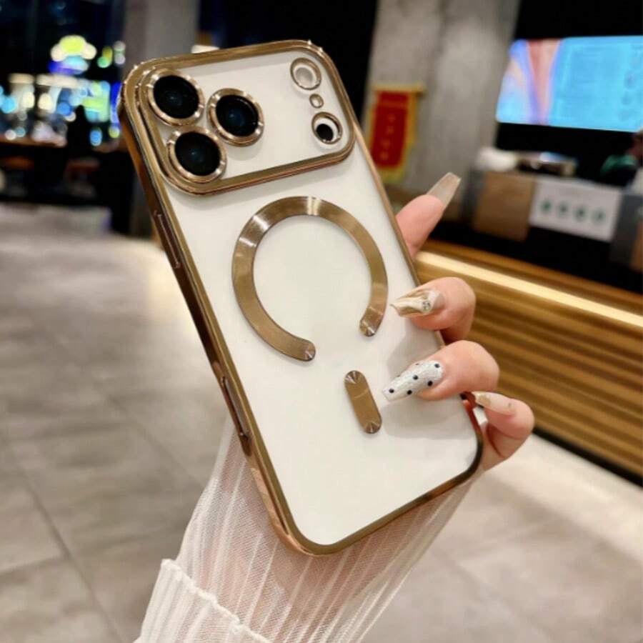 DECOPHONE 电镀透明磁性手机壳，超薄软壳，带半圆形磁环和摄像头保护，全覆盖防摔设计，兼容苹果 17 Pro / 17 Pro Max。 - 金色 - 查看 1
