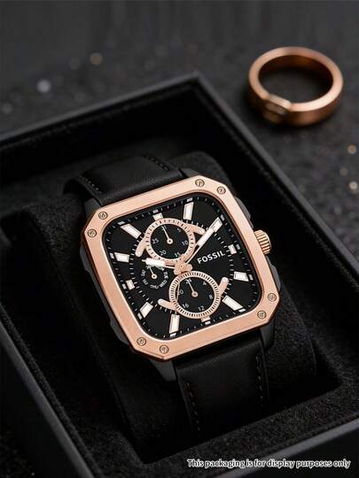 Fossil Men's Daily Wear Watch With Black Square Dial, Rose Gold And Matte Black Accents, Business-Casual Style, Day-Date Function, And Quartz Movement BQ2654/BQ2658