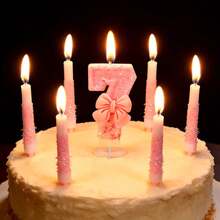 1 Set Shiny Pink Bow Birthday Candle, Numbered Candles 0-9, With Pink Bow Decor Cake Topper Set, Suitable For Birthday Celebration, Graduation Anniversary Party, Back To School DIY, Valentine's Day Anniversary, Graduation Party And More - Birthday Candle Number - View 2