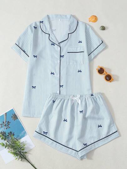 Striped Bow Print Women Bubble Crinkle Short Sleeve Shorts Pajama Set
