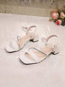 Sandal Hak Tinggi Wanita Putih Tebal, Ujung Persegi dengan Dekorasi Rhinestone, Kain Beludru, Sandal Pesta Elegan, Sandal Ujung Terbuka yang Modis dan Nyaman - Krem - View 7