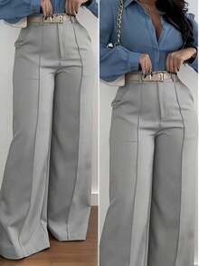 Jisfaneya Zipper Pocket Wide Leg Pants, No Belt, Solid Color, Suit Fabric, Elegant Commute, Versatile Office, School, Daily Wear, Spring/Summer - Xám - Xem 13