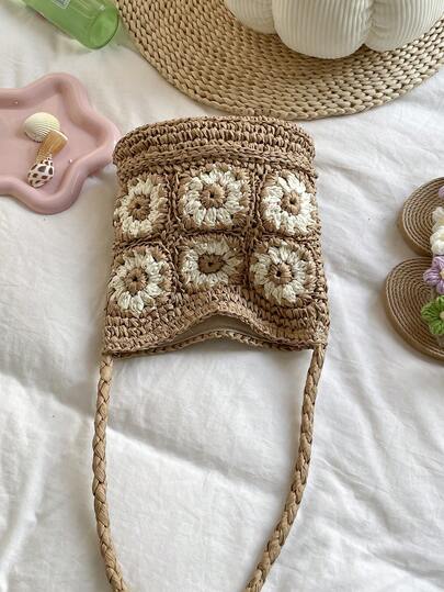 1 chiếc túi xách kiểu Bohemian đan móc hình hoa cúc, túi đeo chéo bằng mây, túi đeo vai đi biển, túi xách tay đan móc hoa có dây rút.