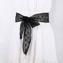 1pc Lace Embroidered Knotted Waist Rope, Fashion Pearl Decor Waist Belt, Women Elegant Hair Tie & Bag Accessory - White - View 3