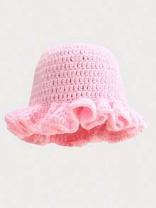 1pc Women Handmade Crochet Ruffle Brim Bucket Hat, Novelty Casual Floppy Cloche Hat - Màu trơn - Xem 9