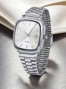 2件套轻奢金银双色情侣石英表套装，男女皆宜的配套饰品套装，包括银白色和金色方形日历手表，采用简约条形刻度和金属表带，展现精致高端的轻奢风格。 - 彩色 - 查看 6