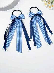 2 piezas Scrunchies de pelo con lazo a cuadros de dos tonos, estilo escolar y casual versátil para niñas - Azul Marino - Ver 2