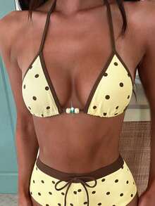 Bộ bikini tam giác chấm bi kiểu retro dành cho nữ, áo bơi đính hạt màu vàng nâu, thời trang cho tiệc bể bơi, kỳ nghỉ hè trên bãi biển. - Vàng nhạt - Xem 2