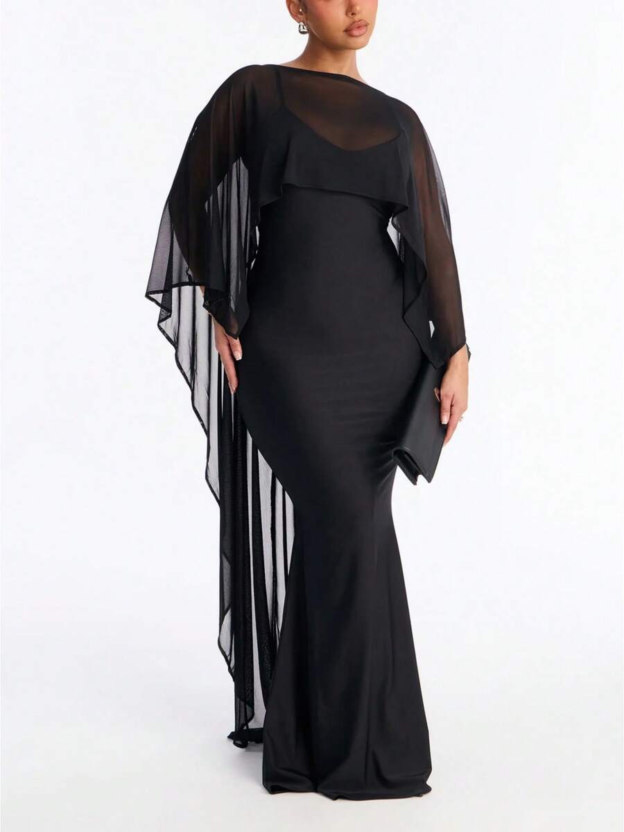 Women's Chiffon Shawl Cape Mesh Sheer Poncho Top Capelets For Evening Dress Shawl Wraps Cover Up Wedding Party - 黑色 - 查看 1