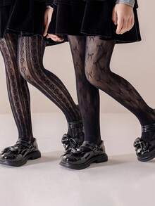 1/2 Pcs Spring/Summer Thin Children/Girls Hollow Heart/Mesh Bow Patterned Black Stockings, Casual Lightweight Breathable Skin-Friendly Leggings, Cute Minimalist Soft Comfortable Versatile Dance Socks, Suitable For Daily Matching, Birthday Party, Dance Performance, Wedding, Everyday Wear - Black - View 14