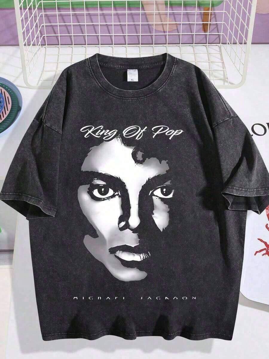 Graphic Tees2026 Summer TopsMen's Washed And Worn Michae Jackson Portrait T-Shirt, King Of Pop Print, High Street Loose And Worn Short Sleeved Shirt004Loose And ComfortableshirtCottno - Black 2 - 查看 1