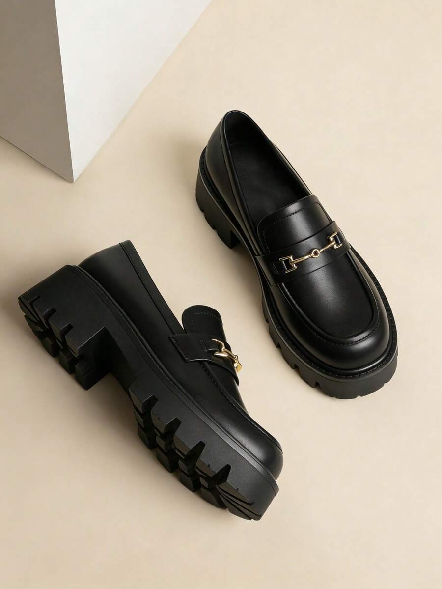 Women Platform Loafers Chunky Heel Slip On Pumps Lug Sole Casual Classic Preppy Y2K Style Loafers Dress Shoes - 黑色 - 查看 1