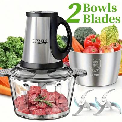  SPZTJK Food Processors With 2 Bowls, Meat Grinder 4 Bi-Level Blades, Mini Electric Food Chopper 300W, For Baby Food, Meat, Onion, Vegetable Chopper, 3 Speed, 8 Cup And 8 Cup, Christmas Gifts