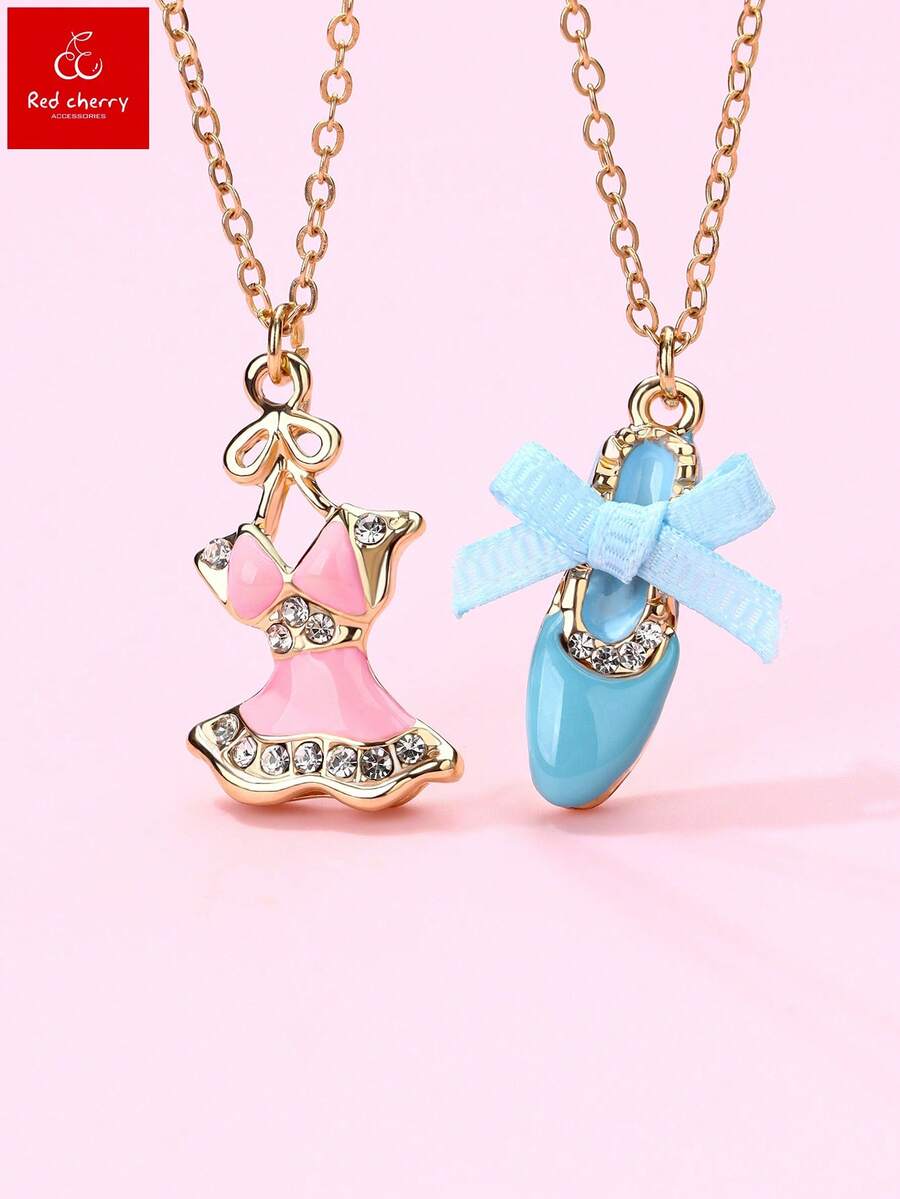 Set de 2 piezas Conjunto de vestido y accesorios de princesa de moda para niños, collar con colgante esmaltado y zapatos de vestir, adecuado para uso diario, regalo, festivales - Multicolor - Ver 1