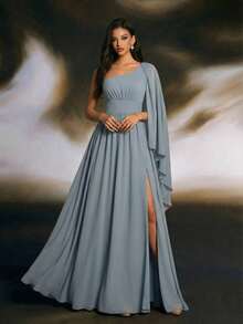 雪纺长款伴娘礼服，不对称领口，飘逸披肩袖，高开衩，完美适用于婚礼和特殊场合。 - 灰色 - 查看 3