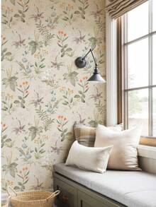 Vintage Style Beige Floral Pattern Self-Adhesive Wallpaper, Removable Damage Free Wildflower Plant Pattern Wallpaper, Suitable For Renters - 1PC - View 2