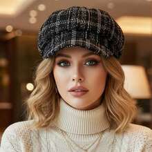 Women's Classic Beret Hat Stylish Korean Style Plaid Pattern Newsboy Cap Warm Winter Octagonal Hat For Outdoor Daily Use - White - View 1