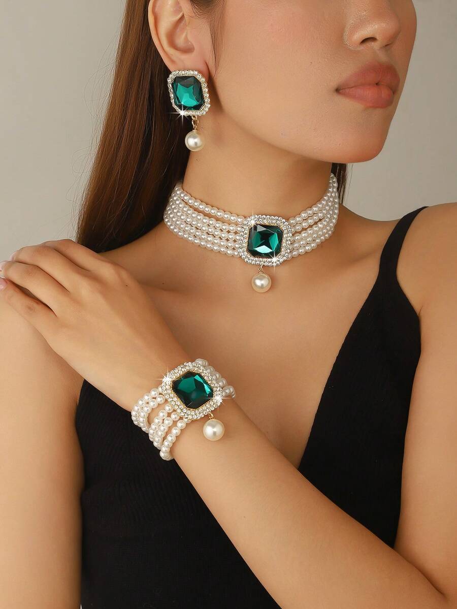 4件套时尚奢华夸张多层仿珍珠首饰套装，包含镶嵌合成水晶和水钻的项链、耳环和手链，适合婚礼、派对、节日礼物等场合。 - 彩色 - 查看 1