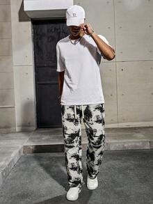 黑白印花男士抽绳宽松阔腿休闲裤，美式街头风 - 黑與白 - 查看 5