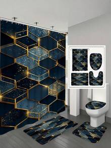 4件套黑色浴室套装,几何图案浴帘套装,现代艺术风格浴帘(含12个挂钩),浴室地毯,防滑垫和马桶座套 - A - 查看 2