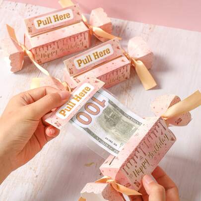 4套玫瑰金生日现金盒，可拉出装现金，糖果造型生日现金礼盒，附赠OPP袋和胶水，生日快乐图案现金盒，趣味送礼方式，生日派对惊喜现金礼物，生日庆祝派对用品，生日派对装饰，生日礼物，生日派对小礼物，生日派对道具