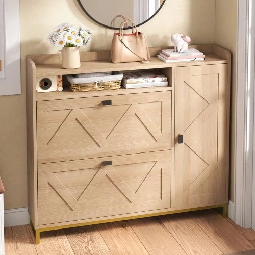Shoe Cabinet With Hinged Lid, Double Hinged Lid Plus Side Cabinet, Top Open Compartment, Geometric Embossed Cabinet Door, Metal Frame, Xuanguan Locker, Large Capacity Shoe Rack - View 1