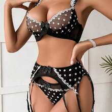 Polka Dot Embroidered Four-Piece Lingerie Set With Sheer Underwire Bra & Matching Thong, Classic Black And White Ensemble For Honeymoon Escapes & Couple's Games In Elegantly Sexy Style - 黑色 - 查看 9