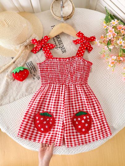 Pelele de verano para niñas pequeñas con estampado de fresa, con tirantes de lazo a lunares rojos y blancos + decoración 3D de fresa, diseño de cintura ceñida, tela suave y transpirable, conjunto adorable para exteriores