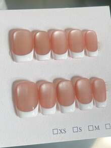 10pcs/Set Short Trapezoid Minimalist Pink Cat Eye French Style Nail Stickers, Removable & Reusable, Suitable For Daily, Holiday, Date, Ideal Gift For Girls And Women, Comes With Nail Kit - Pink - View 2