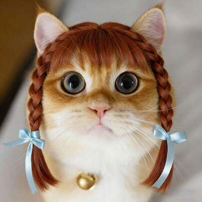 Tóc giả tết cho thú cưng, phụ kiện búi tóc đôi có nơ cho mèo và chó.