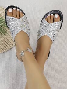 Dép lê quai chéo đính sequin nhiều màu sắc lấp lánh, kiểu dáng thời trang, đa năng cho mùa hè. - Bạc - Xem 1