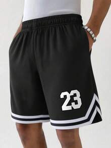 1 chiếc quần short nam/thiếu niên phong cách đường phố, thoải mái, tối giản, in số trang trí, thích hợp cho mùa hè. - màu đen - Xem 1