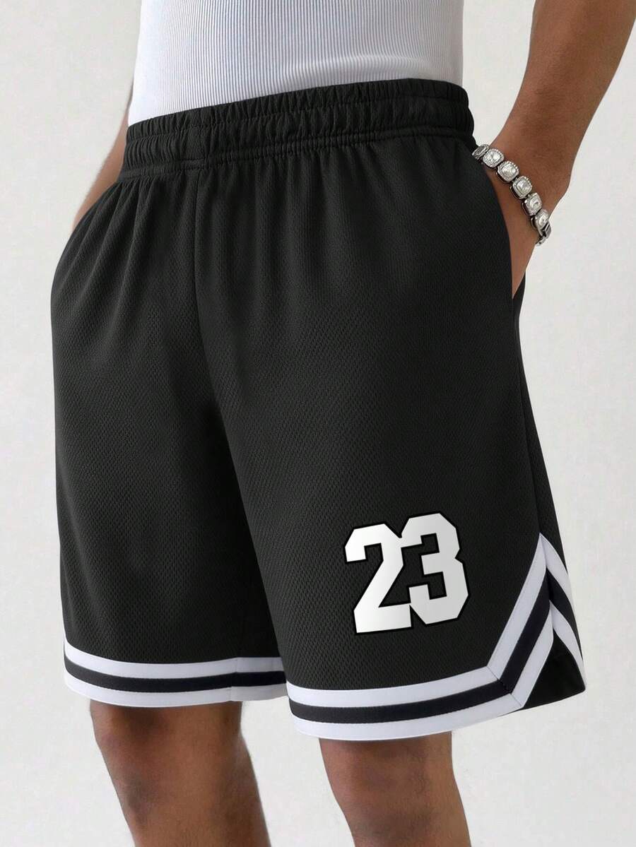 1 chiếc quần short nam/thiếu niên phong cách đường phố, thoải mái, tối giản, in số trang trí, thích hợp cho mùa hè. - màu đen - Xem 1