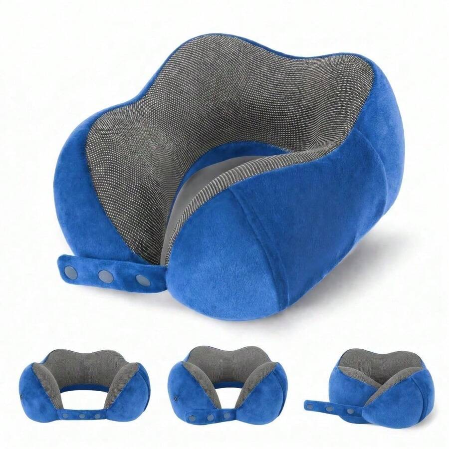 Memory Foam Travel Neck Pillow For Airplane, Adjustable Snap Buttons, Foldable Compact Design With Carry Bag, Washable Velvet Cover, Flat Back Support For Car, Train, Home Use - Blue - View 1