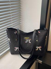Large Capacity Handbag For Women, New Casual Chic Fashion Embroidered Bow Sweet Commuter Shoulder Tote Bag - Black - View 1