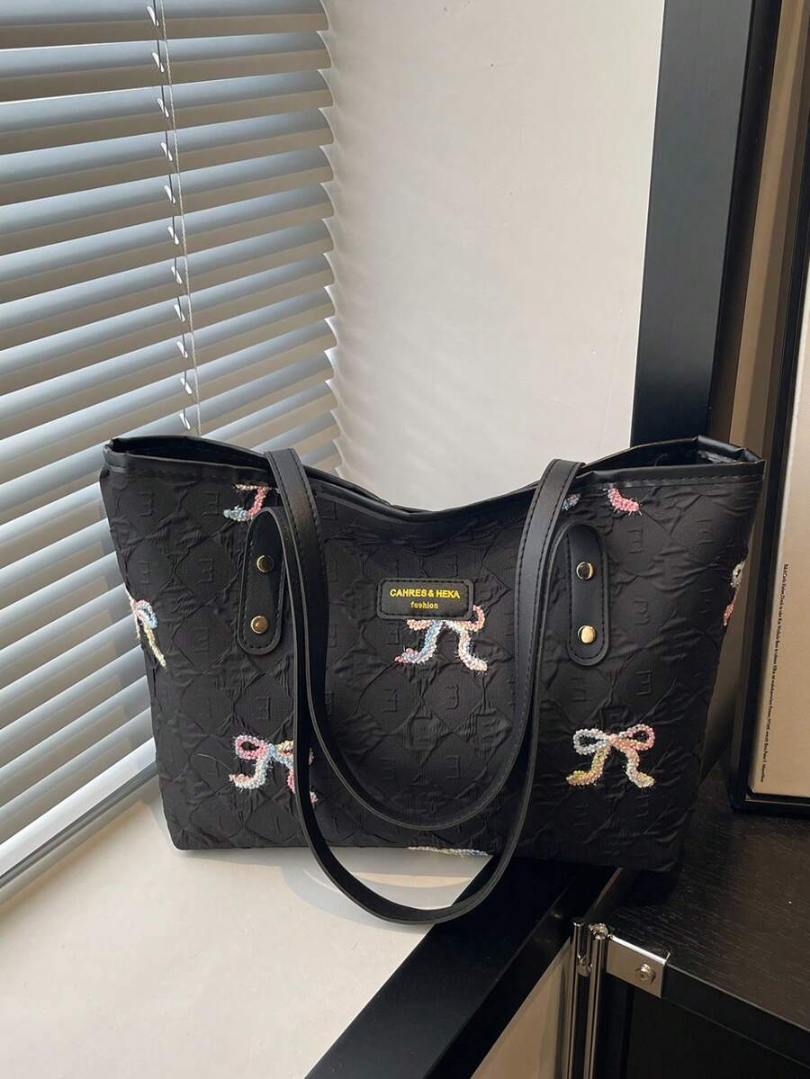 Large Capacity Handbag For Women, New Casual Chic Fashion Embroidered Bow Sweet Commuter Shoulder Tote Bag - Black - View 1