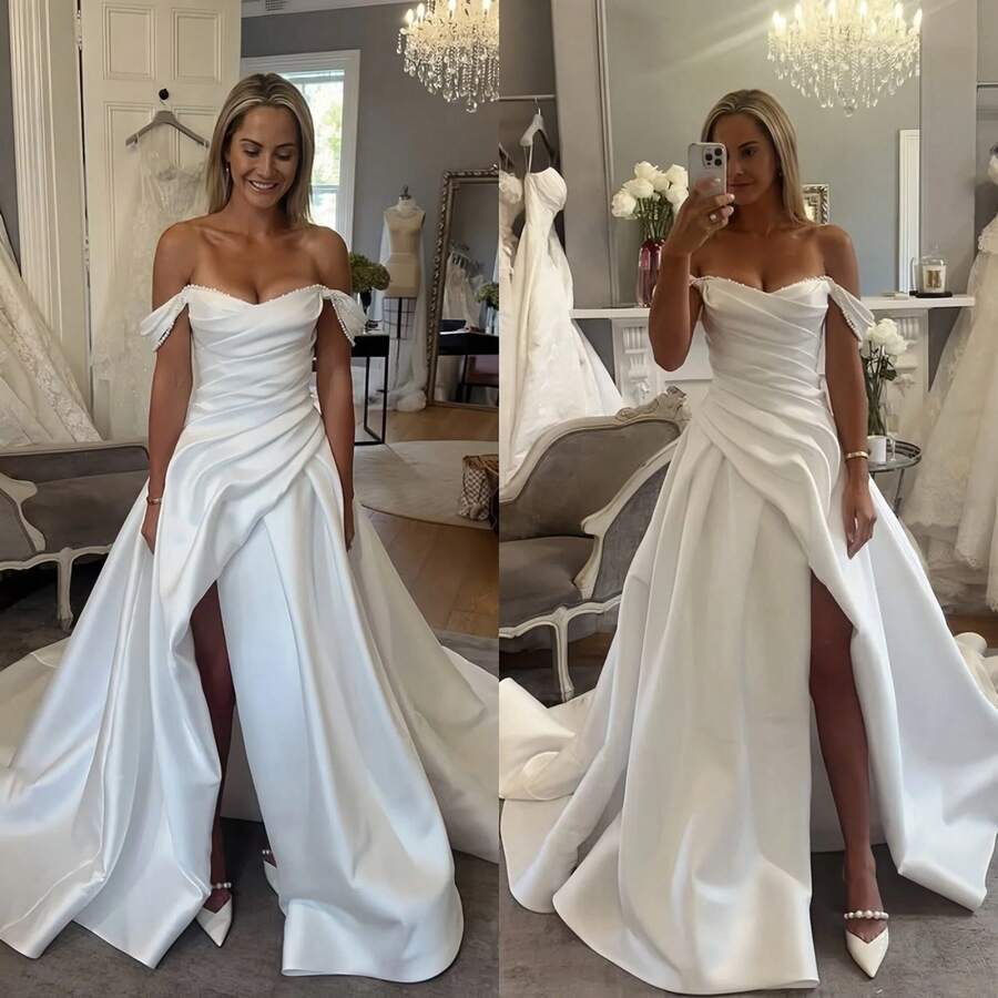 Elegant Sexy Off Shoulder Pleat A Line Satin Wedding Dress,Registry Office Dresses Bridal Gown,Evening Party Dress Birthday Party Dress Country Wedding,Romantic Church Ceremony Wedding Dress,Suitable For Wedding,Dating,Party,Singles' Party,Vacation,Formal Occasions,Dinner Dress,Prom Dress,Homecoming Dess,Cocktail Party,Wedding Guest Dress,Graduation - trắng - Xem 1